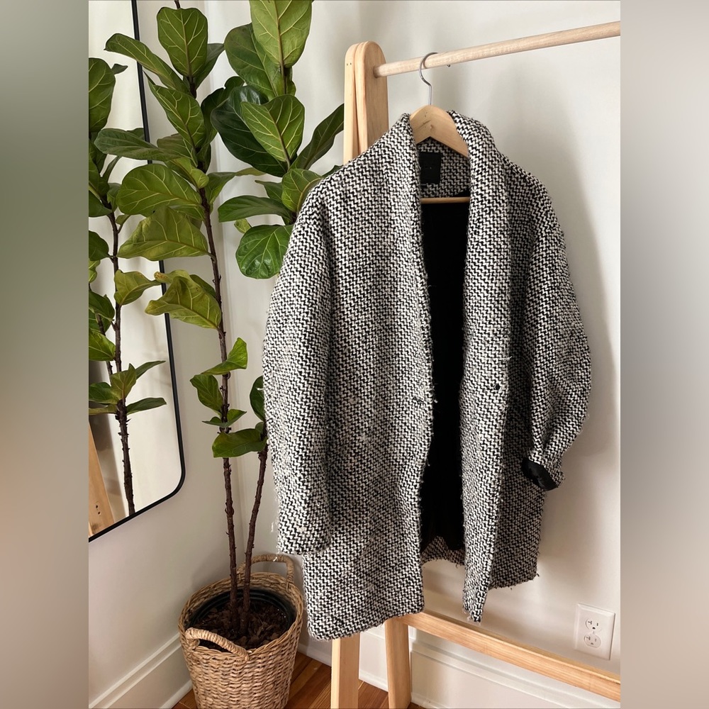 Blank Denim Houndstooth Herringbone Black Ivory Wool Blend Cocoon Coat M